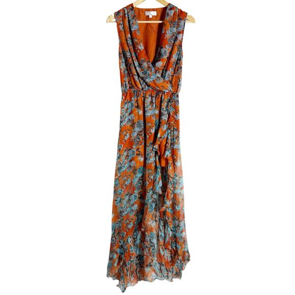 Caroline Constas Vivian Rust Orange Floral Asymmetric Hi-Low Sleeveless Gown S - Picture 1 of 12